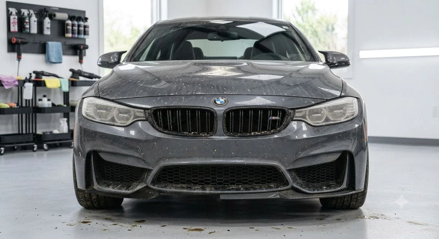 Grey BMW covered in mud and dirt before detailing