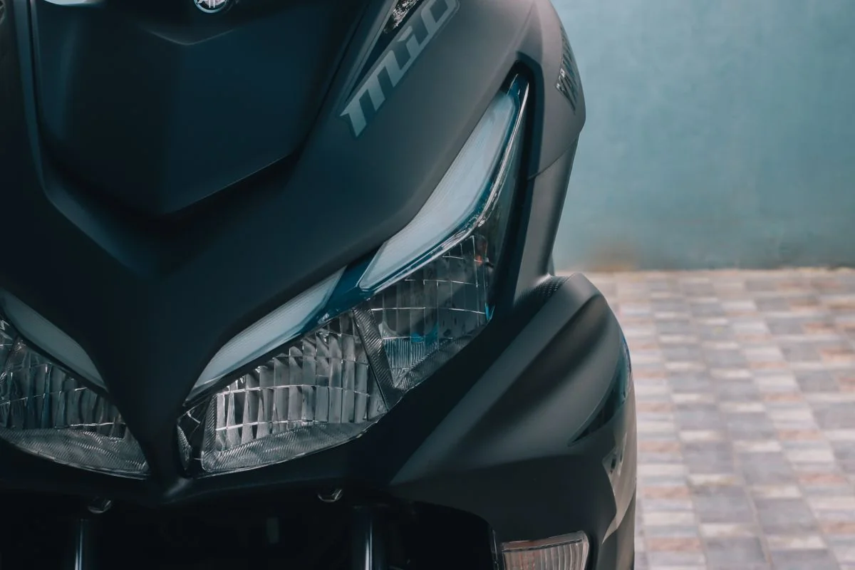 Matte black motorcycle front close-up