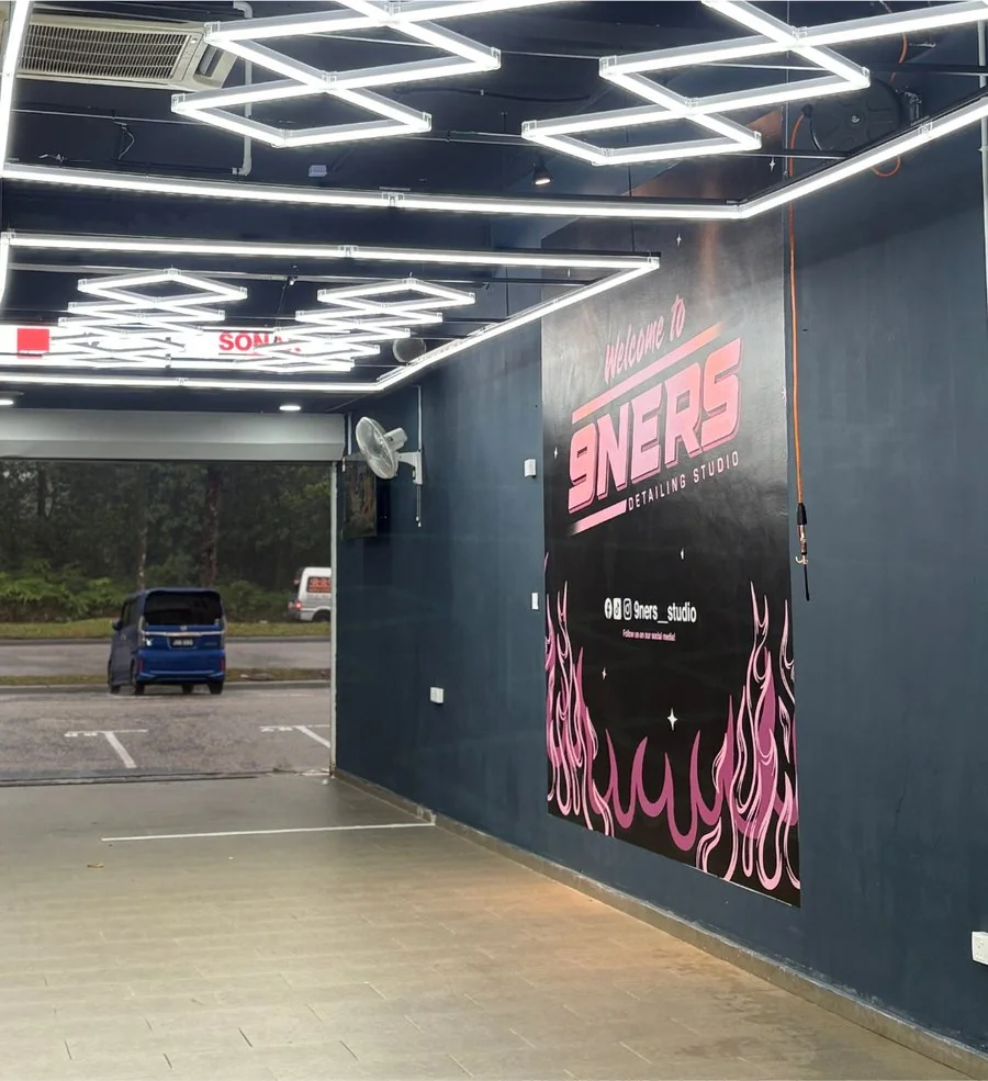The studio entrance with the pink flame wall