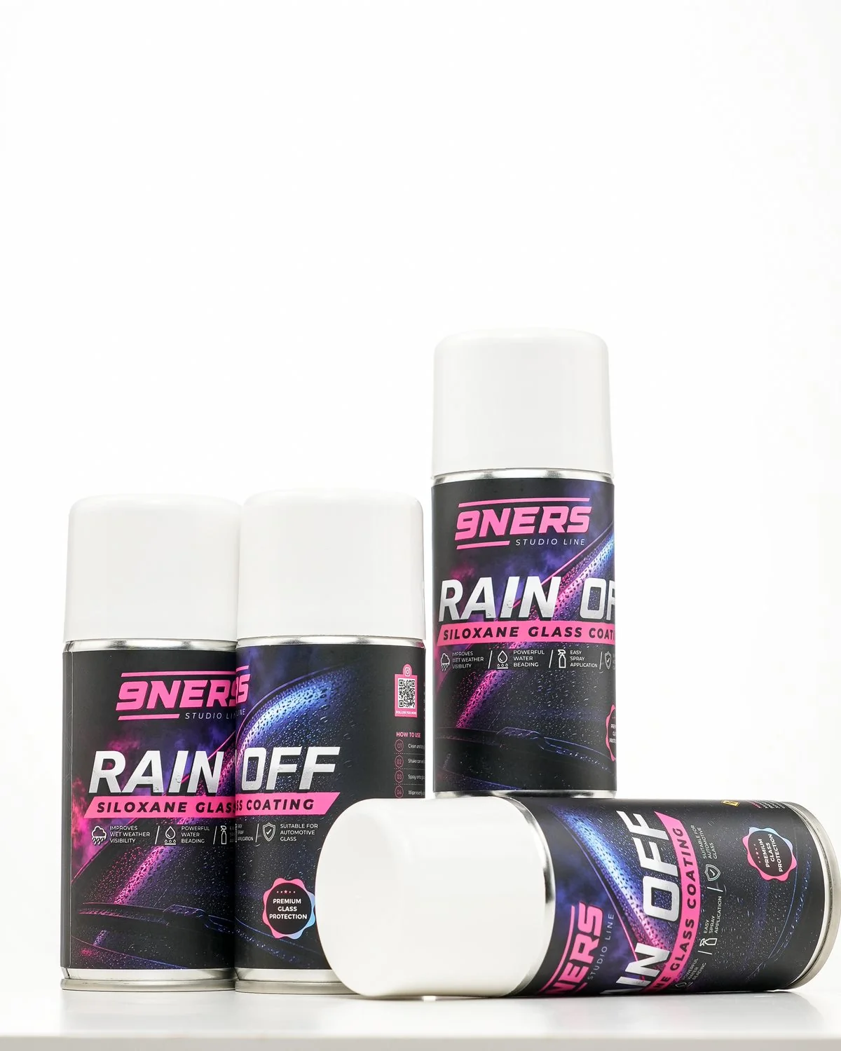 Rain Off hydrophobic glass coating cans on the studio bench